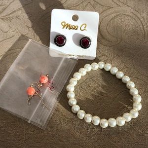 Faux Pearl Bracelet with Ruby Red Earrings